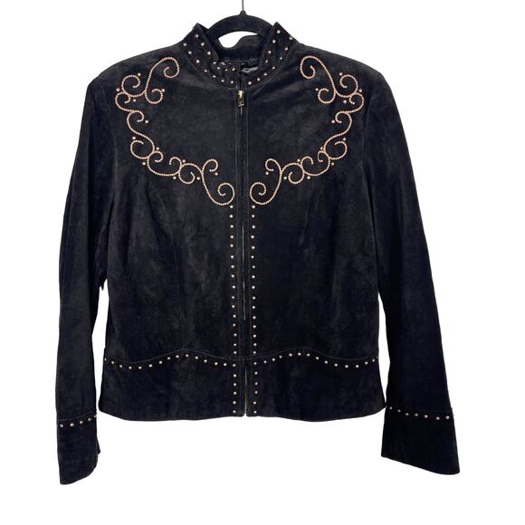 Scully Womens M Black Bronze Studded Cross Suede Leather Jacket Western Country - Picture 1 of 12
